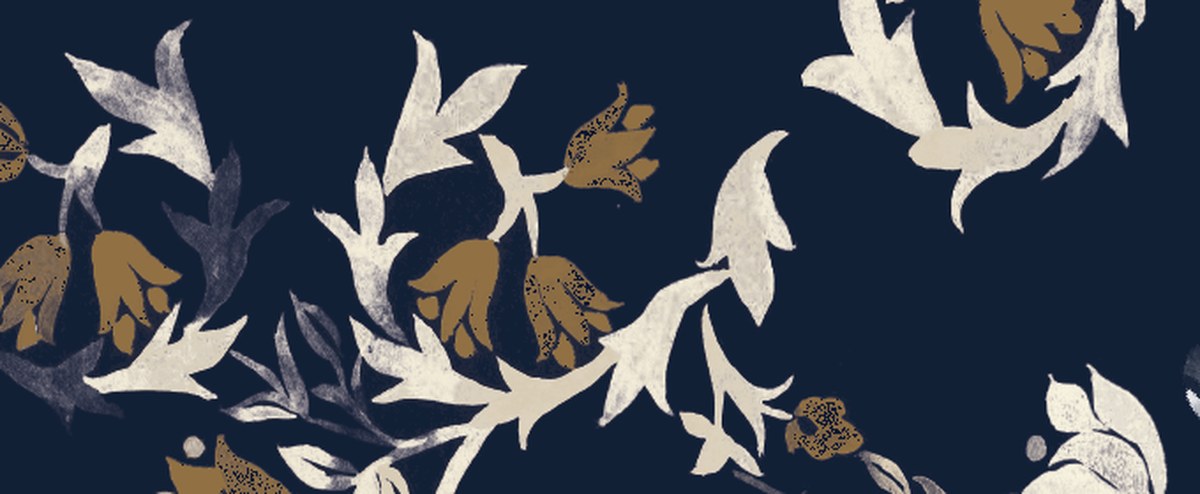 Feuilles de thé et fleurs, motif botanique Chanoyu