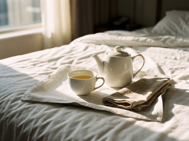 Un plateau de thé du matin sur un lit d'hôtel en lin blanc