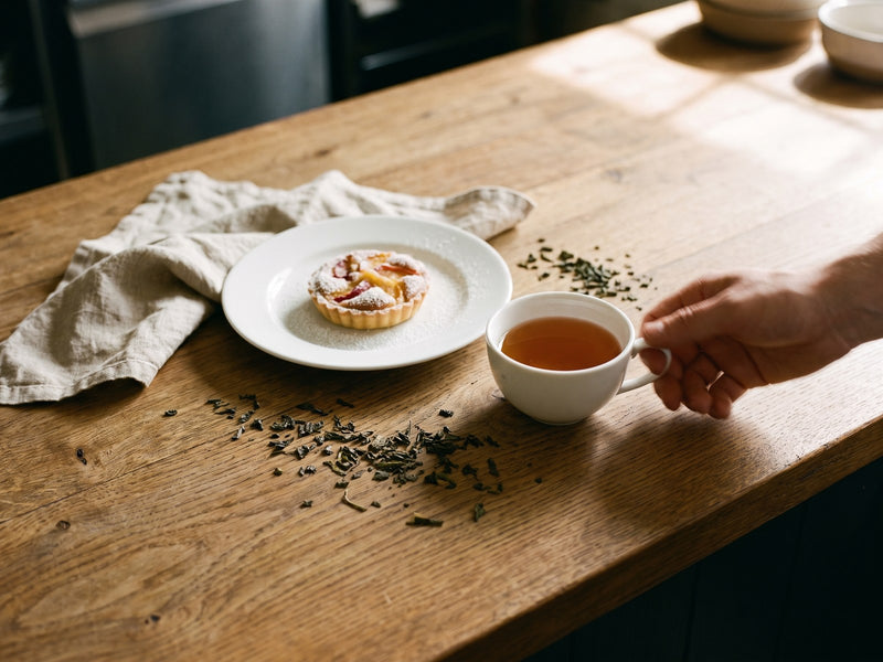 Une tasse de thé servie à côté d'un dessert, au passe d'une cuisine